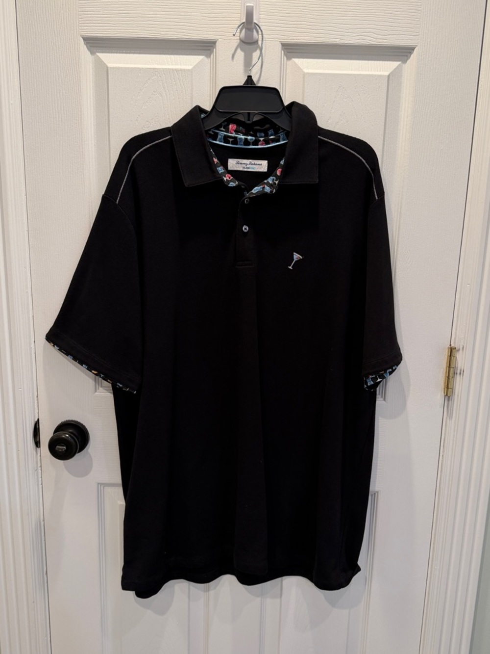 Tommy Bahama Black Polo with Patterned Collar Trim work once!